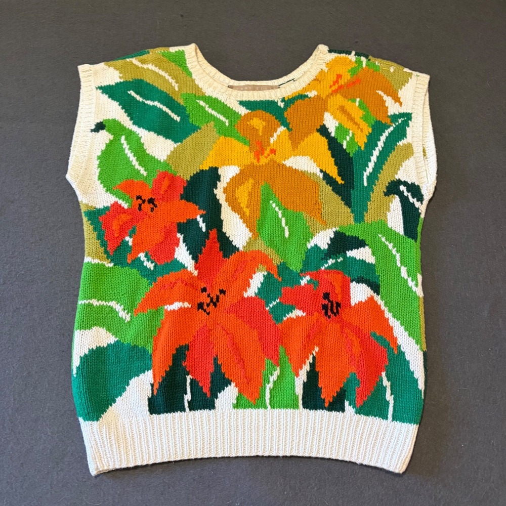 Perry Ellis Sweater Vest Women M Bold Print Floral Colorful Fall Core Hand Knit